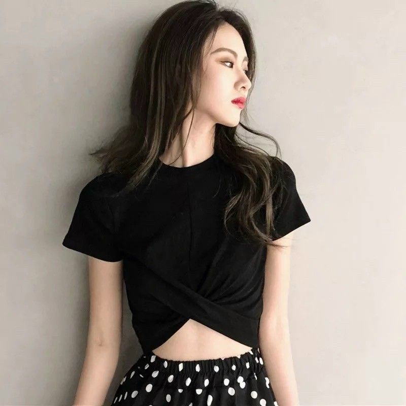 Áo thun tay ngắn - áo thun xoắn eo tay ngắn chất dày đẹp