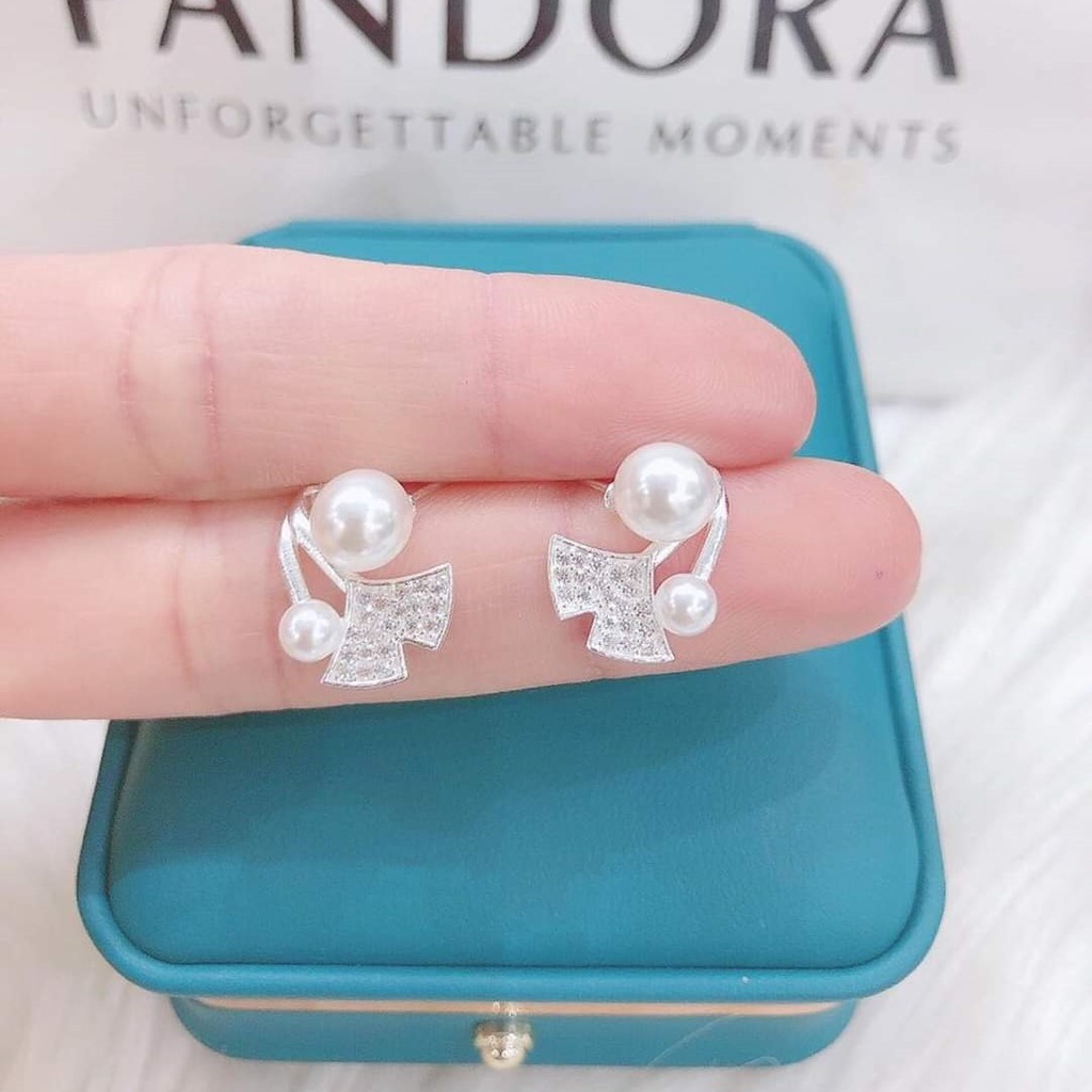 Bông tai bạc hình lá bạch quả đính hạt trai, phong cách thời trang hàn quốc - Trang sức bạc Evasilver