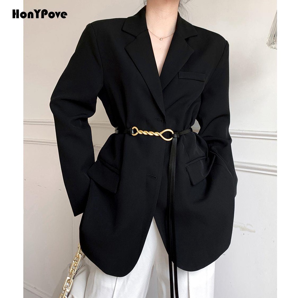 Honypove Áo Khoác Vest Đen Dáng Rộng Phong Cách vintage Thanh Lịch Cho Nữ
