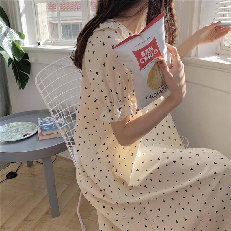 Đầm ngủ in hình trái tim màu xanh dương phong cách Hàn Quốc dành cho nữ