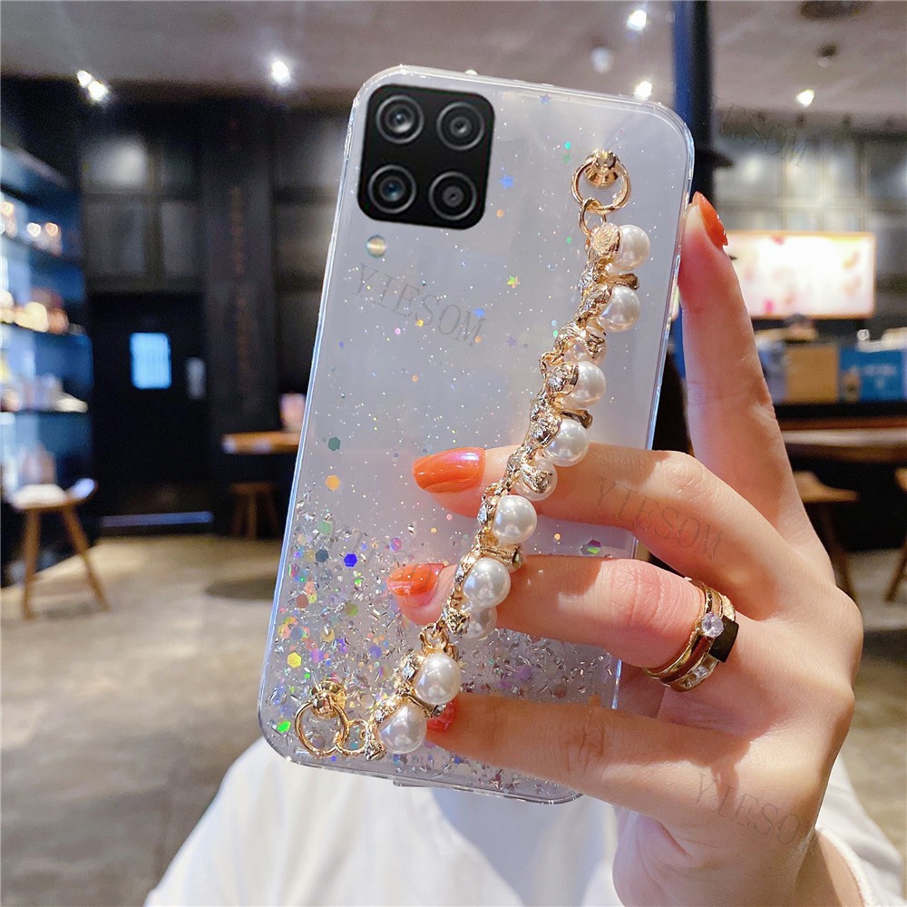 Ốp điện thoại silicon mềm kim tuyến lấp lánh có vòng đeo tay ngọc trai cho Samsung Galaxy A12 A42 5G