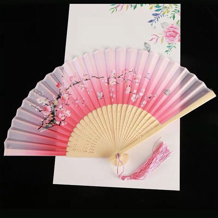 Quạt cổ trang hồng cành đào dây tuyến cổ đại quạt xếp cầm tay phong cách Trung Quốc phong cách cổ điển