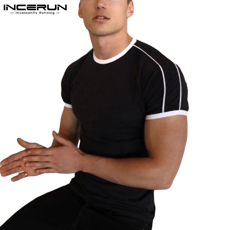 Áo thun INCERUN tay ngắn dáng ôm màu sắc tương phản thời trang dành cho nam