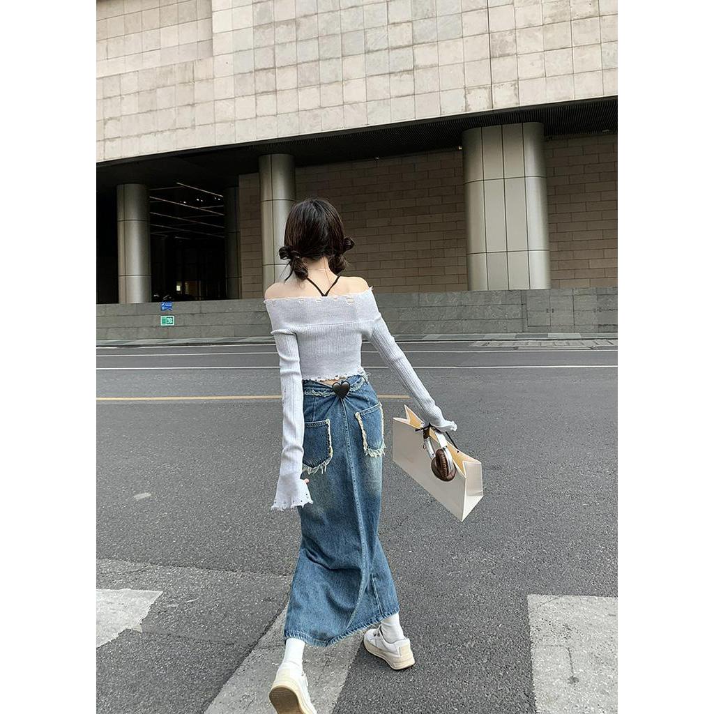Chân váy jean Lưng Cao Xẻ Tà Phong Cách retro Dành Cho Nữ