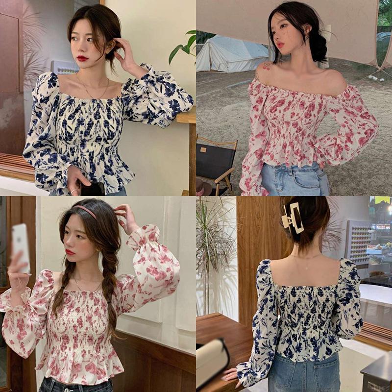 Áo Sơ Mi Chiffon Tay Dài Cổ Vuông In Họa Tiết Hoa Phong Cách Hàn Quốc Cho Nữ