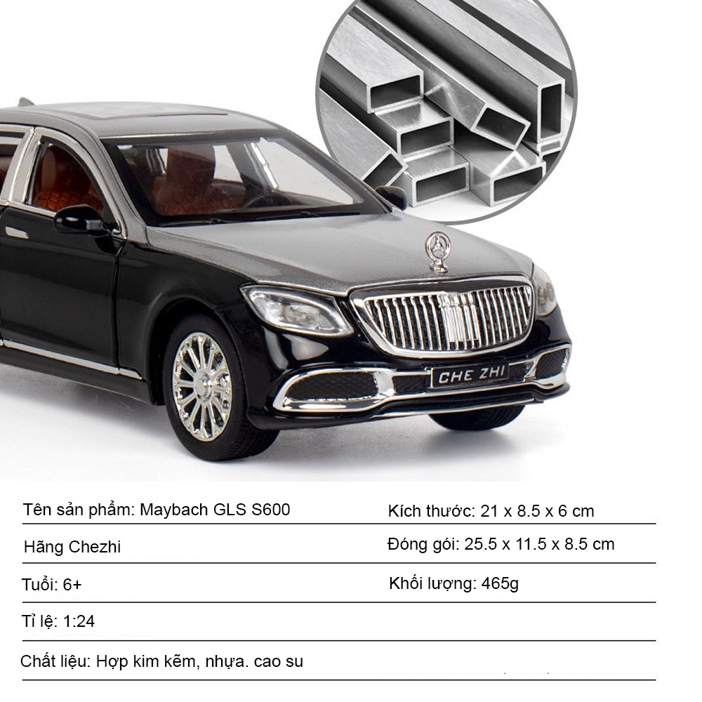 Mô hình xe Mercedes Maybach S600 2022 tỷ lệ 1:24 hãng Chezhi khung thép mở full cửa có đèn âm thanh, cót chạy đà