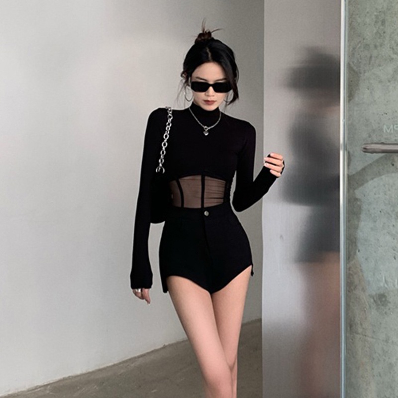 Áo Thun Tay Dài Cổ Cao Phối Lưới Màu Đen Thời Trang Xuân Thu Cho Nữ