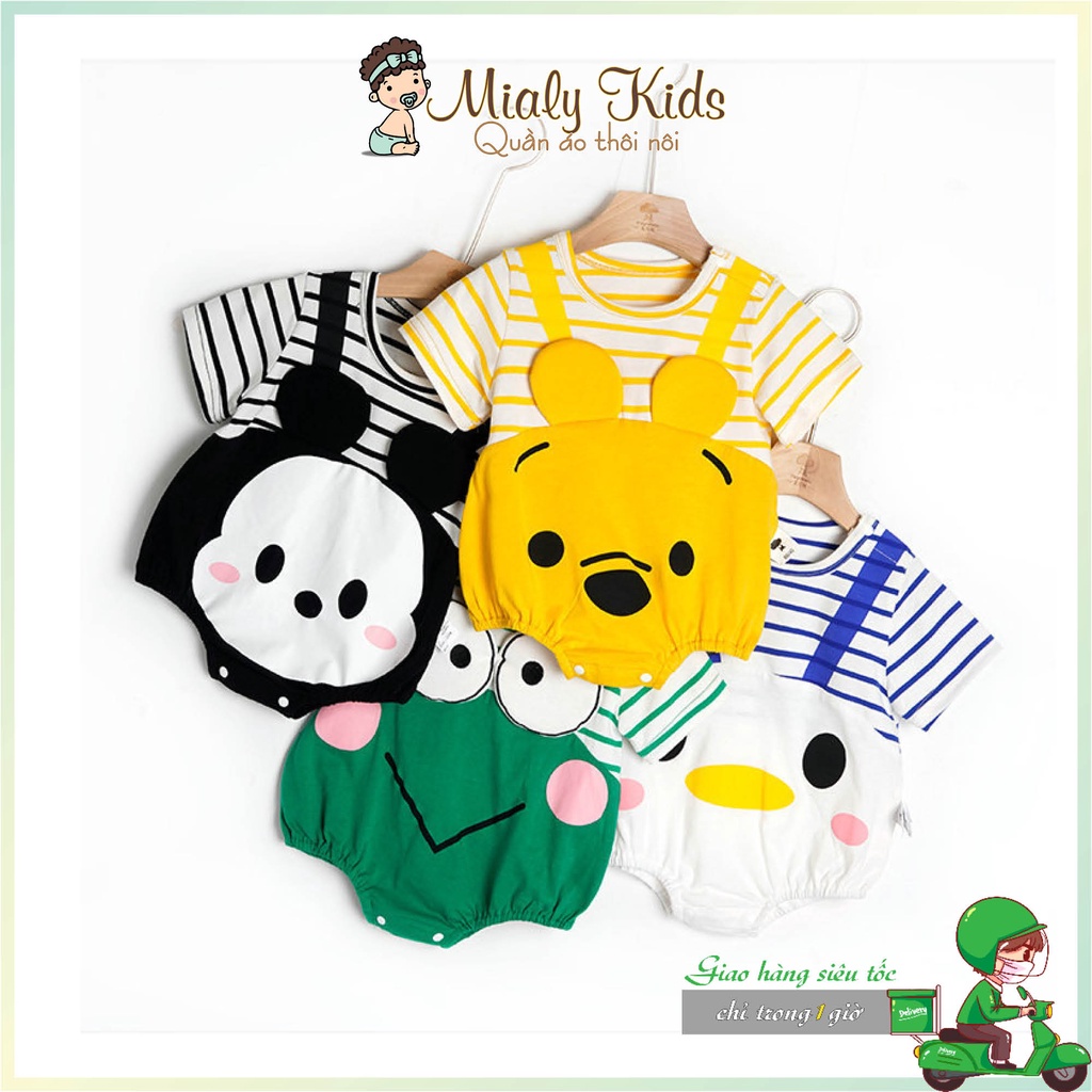 Áo Body In Hình Thú Cho Bé Trai Bé Gái (3-13Kg) Tay Ngắn Cổ Tròn In Hoạ Tiết Hoạt Hình Phối Kẻ Sọc
