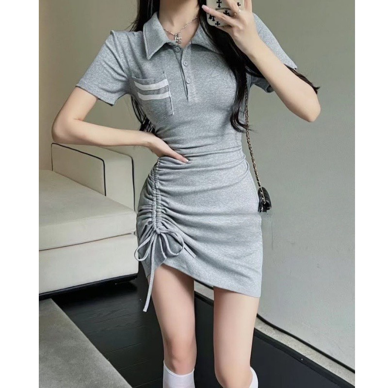 Đầm body cổ trụ tay ngắn rút dây chất thun gân thích hợp mặc đi làm đi chơi phù hợp với mọi phong cách