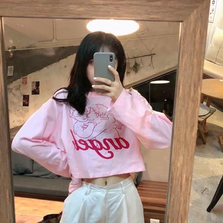 Áo thun croptop tay dài màu hồng cực xinh xắn