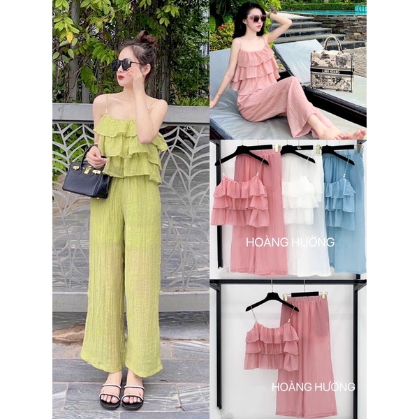 Bộ áo quần nữ 2 Dây Tầng Quần Dài vải đũi dễ thương
