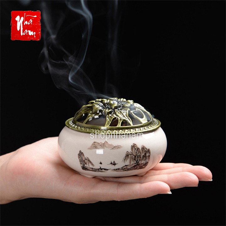 Lư xông trầm hương đỉnh đốt nhang gốm sứ nhiều họa tiết