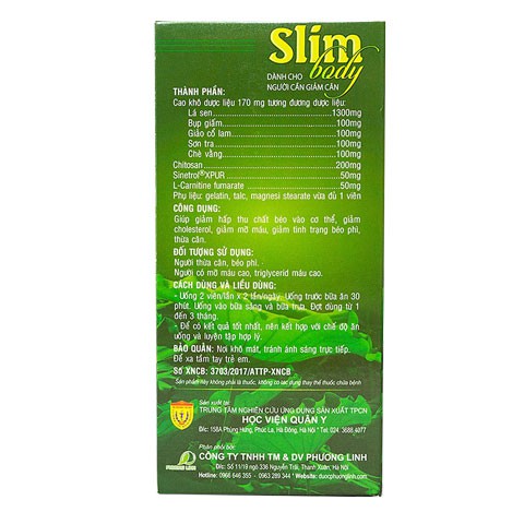 Viên uống Slim body Học viện quân y - Hỗ trợ làm giảm tình trạng béo phì, thừa cân. Giảm cholesterol, mỡ máu