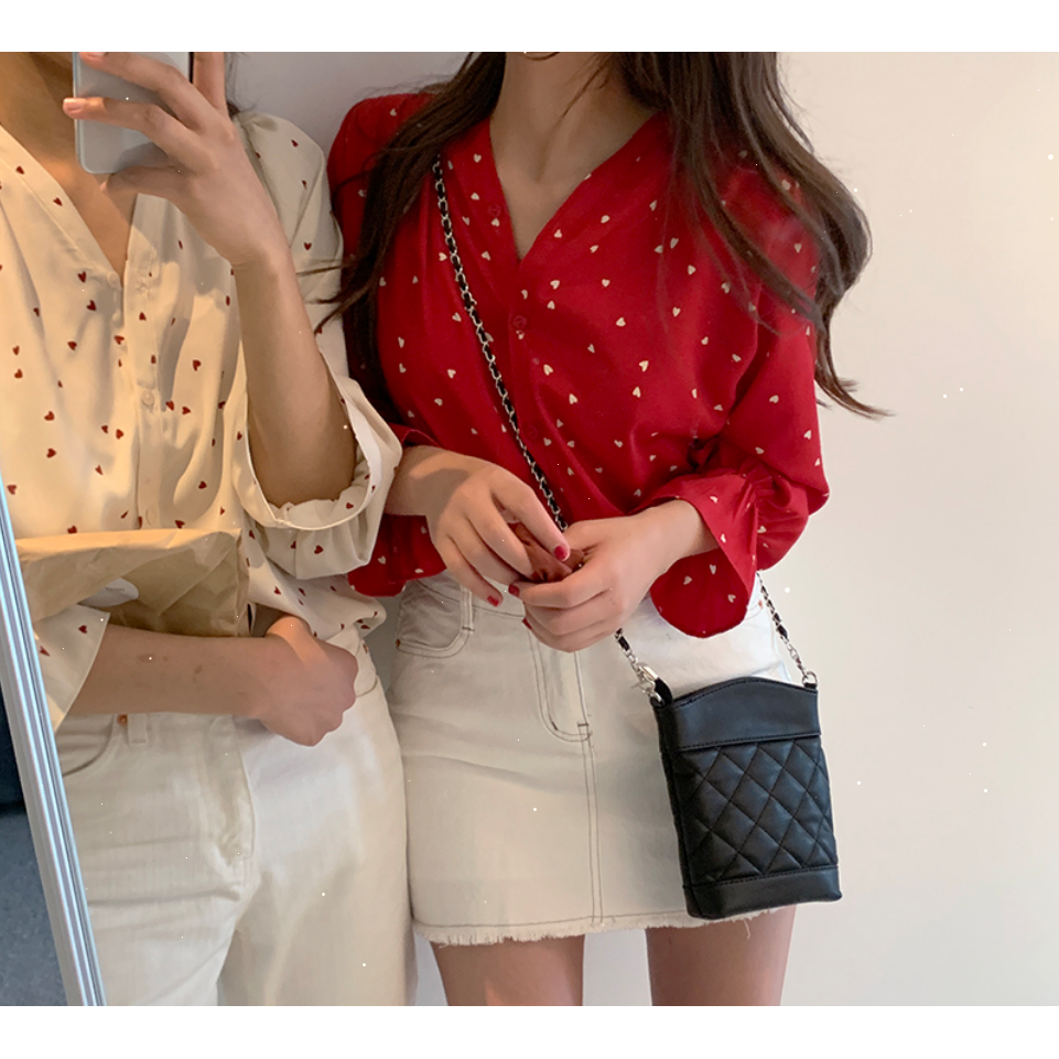 SUXI Áo sơ mi nữ vải chiffon tay dài cổ chữ V họa tiết trái tim thời trang phong cách Hàn Quốc