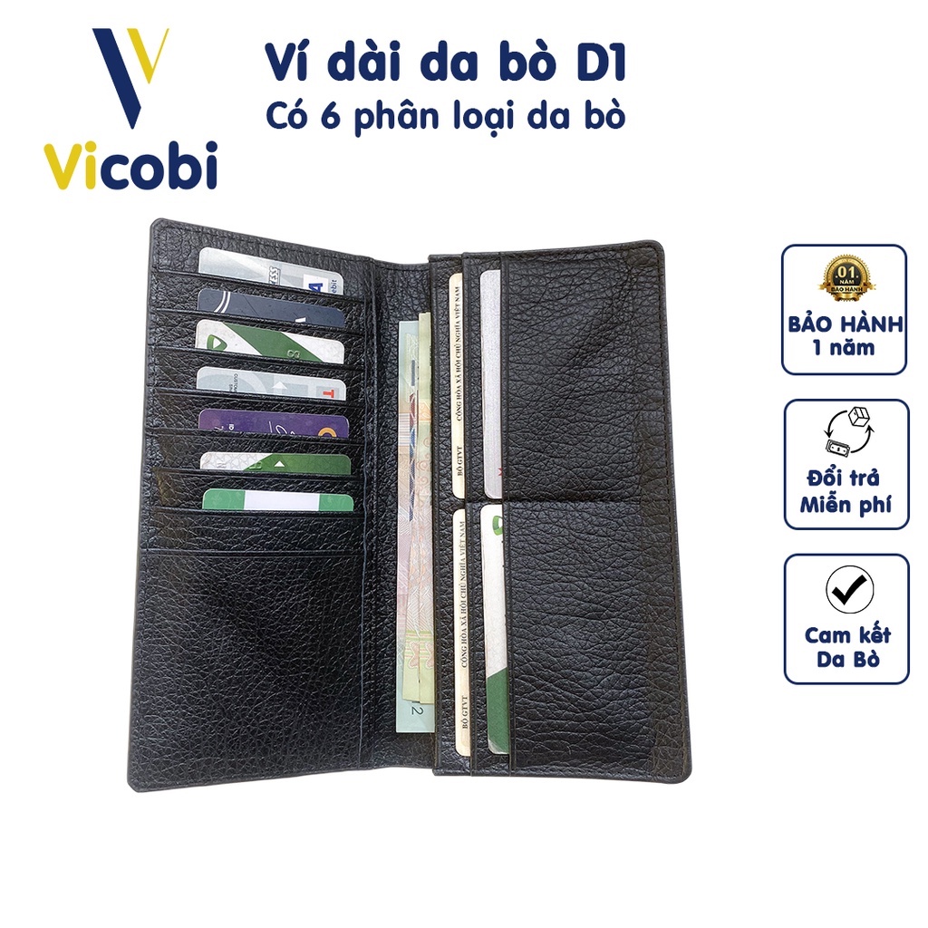 Ví dài da bò Vicobi D1, cầm tay đựng thẻ card atm, các loại giấy tờ xe cũ, bảo hiểm... Made in VietNam