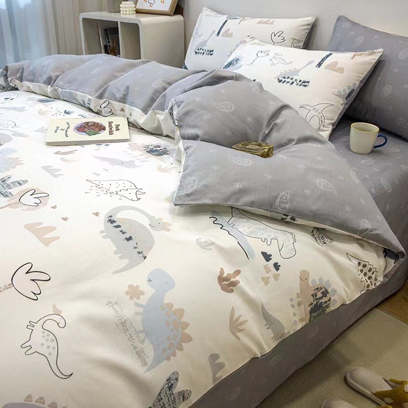 Bộ chăn ga gối cotton organic Khủng long trắng Dreamhome