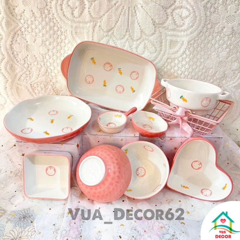 Chén Dĩa Dễ Thương Đĩa Sứ Set Bát Đĩa Decor Bát Ăn Cơm Chén Sứ Đẹp Mầu Hồng S102