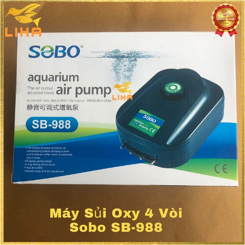 Máy Sủi Oxy 4 Vòi Sobo SB-988 (12W - 4x4Lít/Phút) - Máy Sủi Oxy Siêu Êm Cho Bể Cá