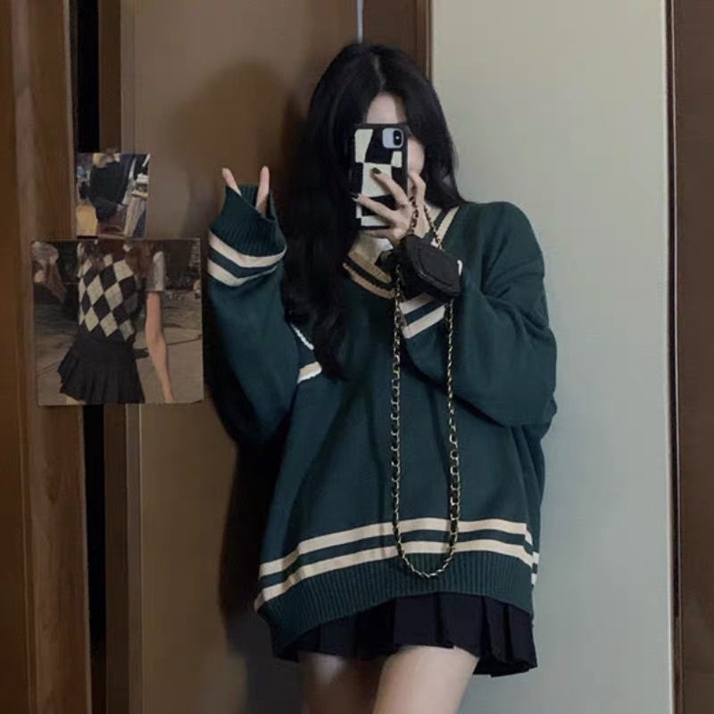 Áo sweater tay dài dáng rộng màu sắc tương phản phong cách Hàn Quốc thời trang 2021 dành cho nữ