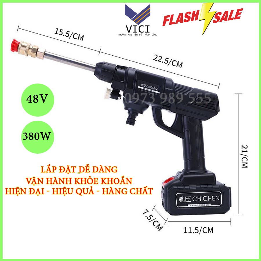 Máy Rửa Xe Mini Dùng Pin Hàng Nội Địa Cao Cấp- Chạy Pin 48V- 380W, Áp Lực Cao, Tặng Kèm Bình Tạo Bọt. TẶNG HỘP NHỰA ĐỰNG