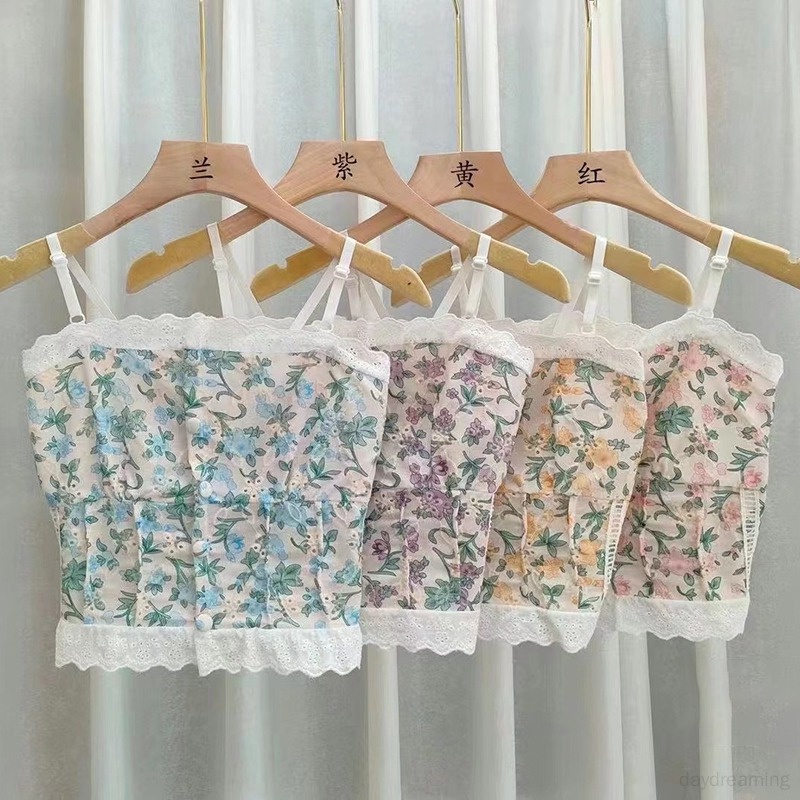 Áo Croptop Hai Dây Phối Ren Hoa Thời Trang Hàn Quốc Ngọt Ngào Cho Nữ