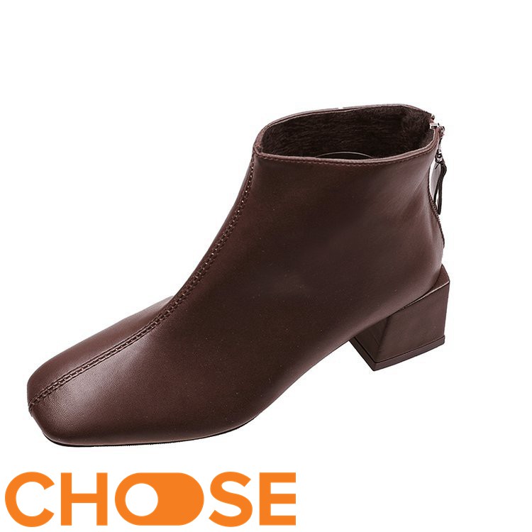 GIÀY BOOTS DA CHOOSE CAO CỔ ĐẾ VUÔNG CAO 5cm KHOÁ KÉO G42K1