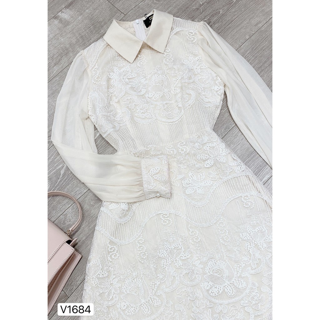 Đầm nữ váy trắng 💗 Đẹp DVC 💗 Váy ren kem tay dài cổ đức V1684 | BigBuy360 - bigbuy360.vn