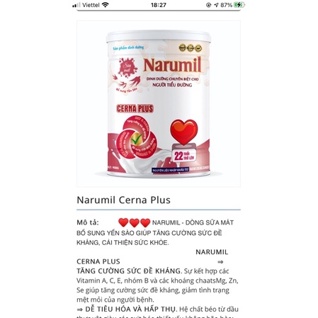Sữa bột dành cho người tiểu đường yến sào Narumil Cerna Plus- tăng sức đề kháng, giảm mệt mỏi- lon 900g Diabet care