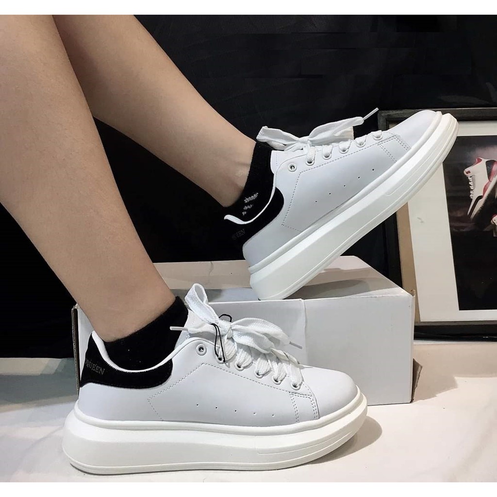 (Có Sẵn) Giày Thể Thao Nữ Trắng Đế Cao MC Gót Đen có size Nam Nữ (Gót nỉ xuất dư size 36-43)