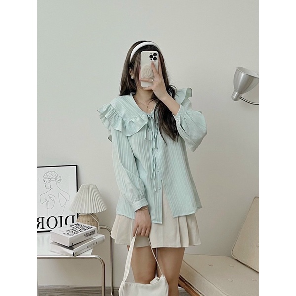 Áo Sơ Mi Nữ Cổ Bèo chất Vải Gân , Áo Kiểu Dài Tay Nữ Cổ Thuỷ Thủ Thắt Nơ siêu xinh thời trang DUMI