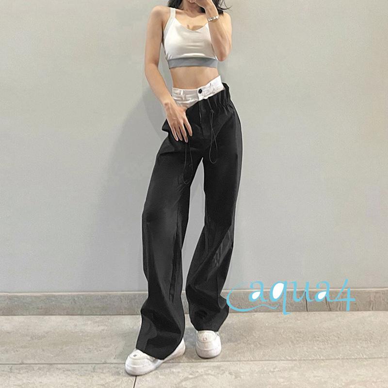 Quần Dài Lưng Cao Ống Rộng Màu Đen Phối Dây Rút Thời Trang Xuân Cá Tính Cho Nữ