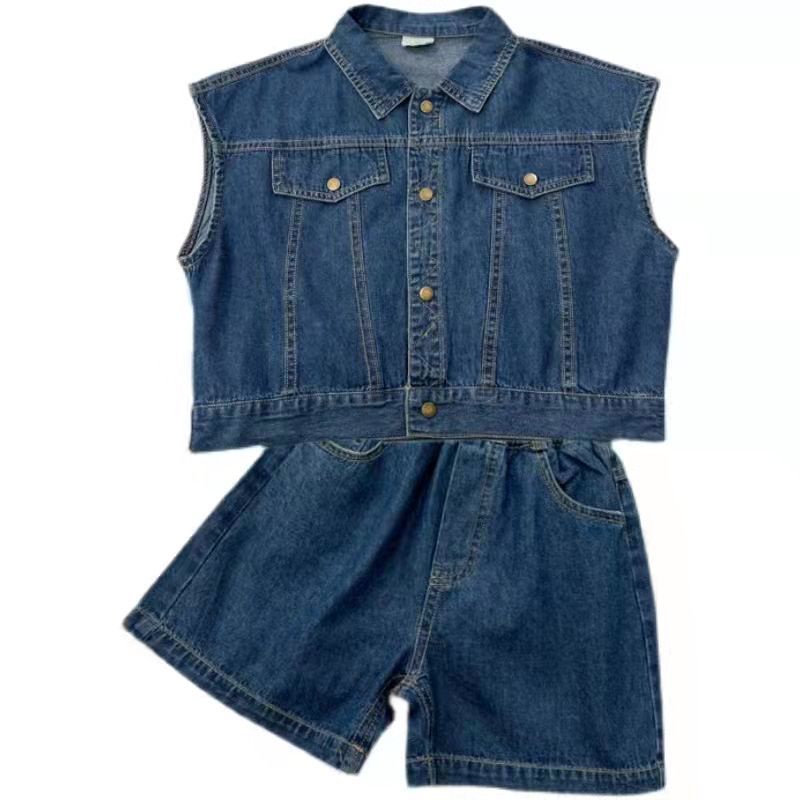 Hàng Mới Về Bộ Áo Khoác Cotton + Quần Short Denim Dáng Rộng Phong Cách Hàn Quốc Thời Trang Xuân Hè Cho Bé Trai / Gái 5 Món