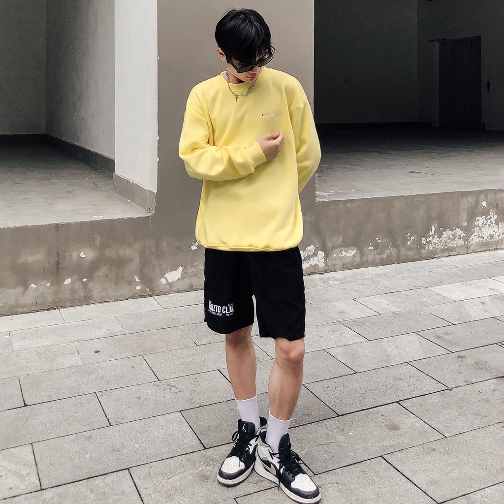 Áo Tay Dài Sweater Champion Chữ Thêu Sắc Nét Có Chất Liệu NỈ Bông Cotton Màu Hồng