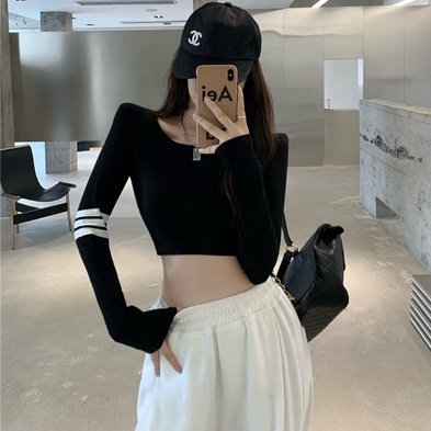 Áo lửng ZHELIHANGFEI dài tay họa tiết sọc thời trang dành cho nữ