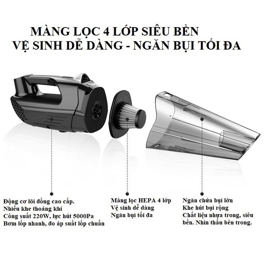Máy Hút Bụi Và Bơm Lốp 4 Trong 1- Đèn Chiếu Sáng- Đo Áp Suất Lốp- Chiều Dài Dây 3,7m- Công Suất 120W