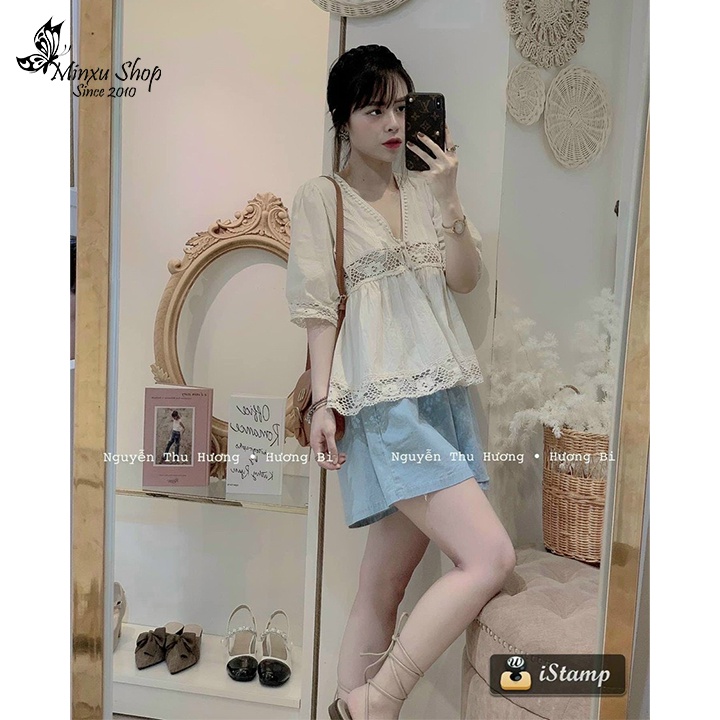 Áo kiểu ngắn tay, áo sơ mi cộc tay cách điệu cổ viền nhún màu cực xinh nữ tính phong cách hàn quốc nhẹ nhàng MÃ OC03
