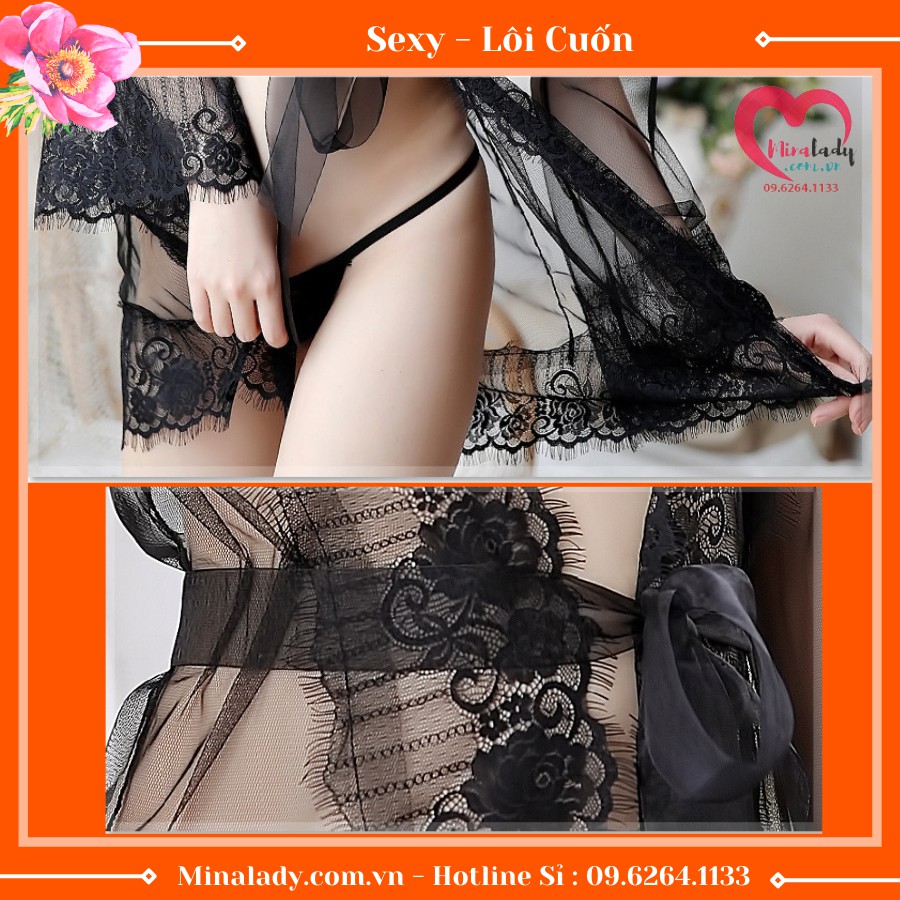 Đồ Ngủ Nữ Chất Ren Gồm Áo CHOÀNG DÀI TAY MỚI Họa Tiết Ren Hoa Sexy Tặng Kèm Bộ Chip Lọt Khe Gợi Cảm Xuyên Thấu