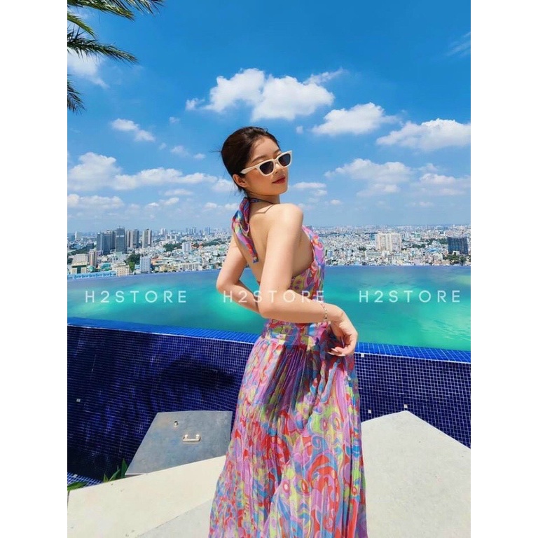 Đầm maxi xoắn họa tiết voan lụa có mút nhiều màu đi biển du lịch chụp hình sống ảo Bin Sports MA031