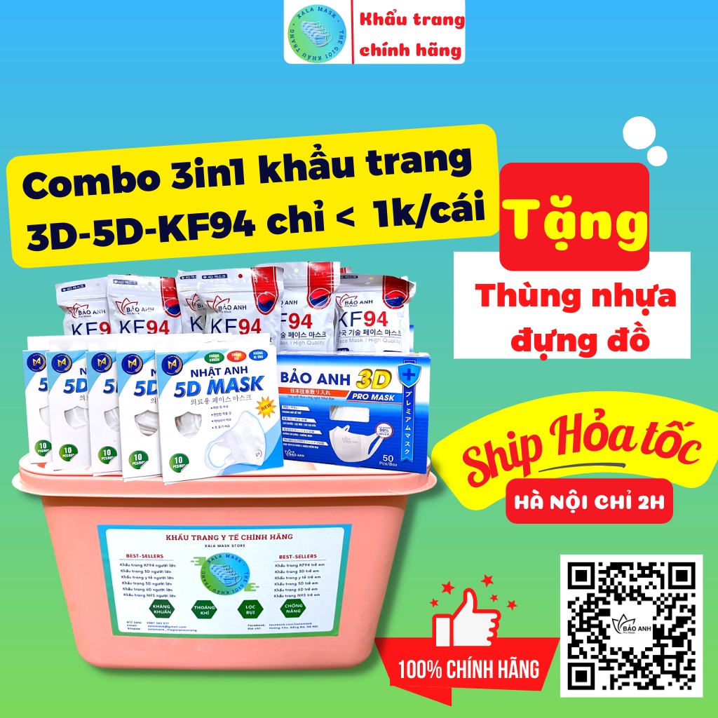 Khẩu Trang Y Tế Xalamask Combo 3in1 KF94 3D 5D chính hãng cao cấp kháng khuẩn che kín mặt chống nắng thoáng khí