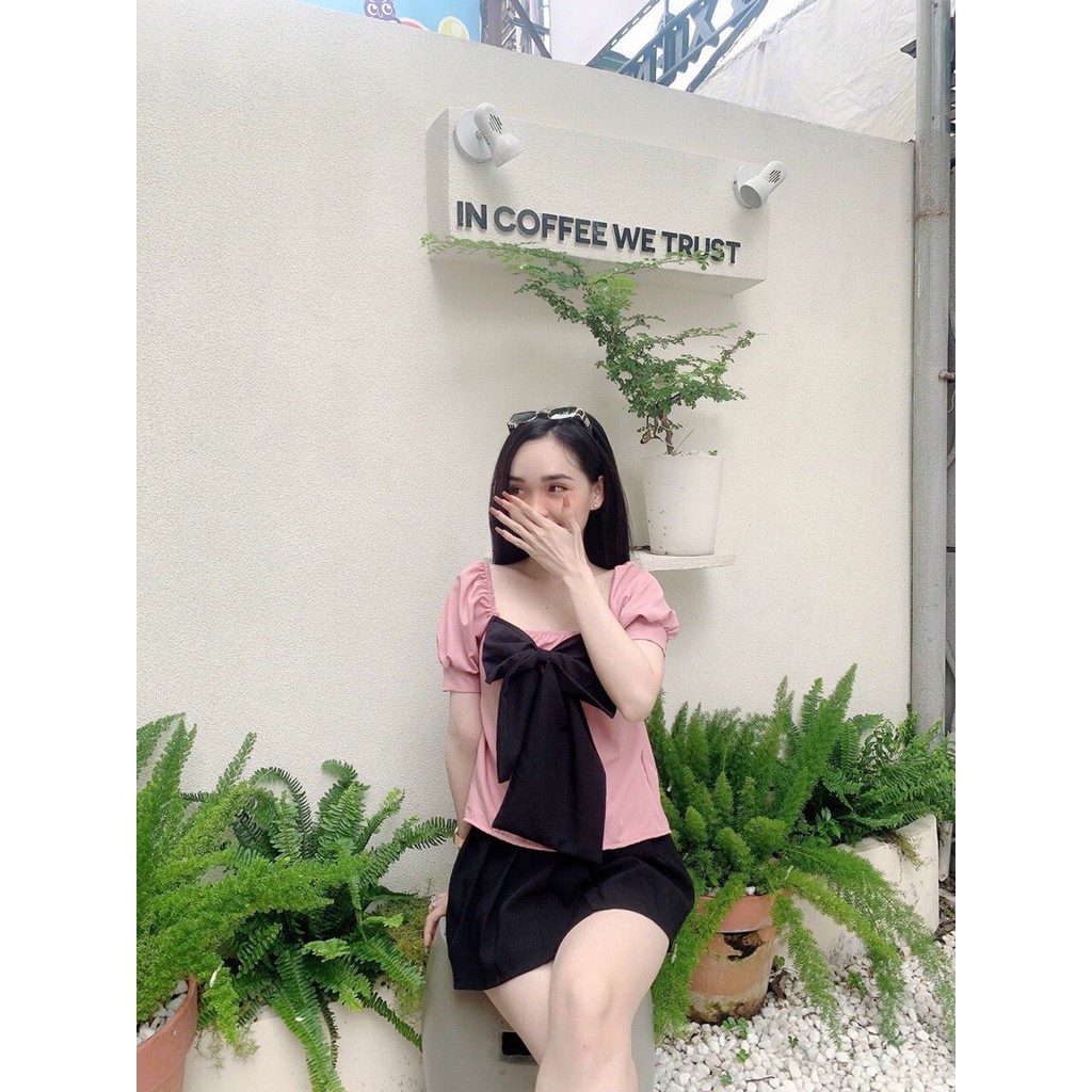 áo kiểu phối nơ cổ vuông ngắn tay