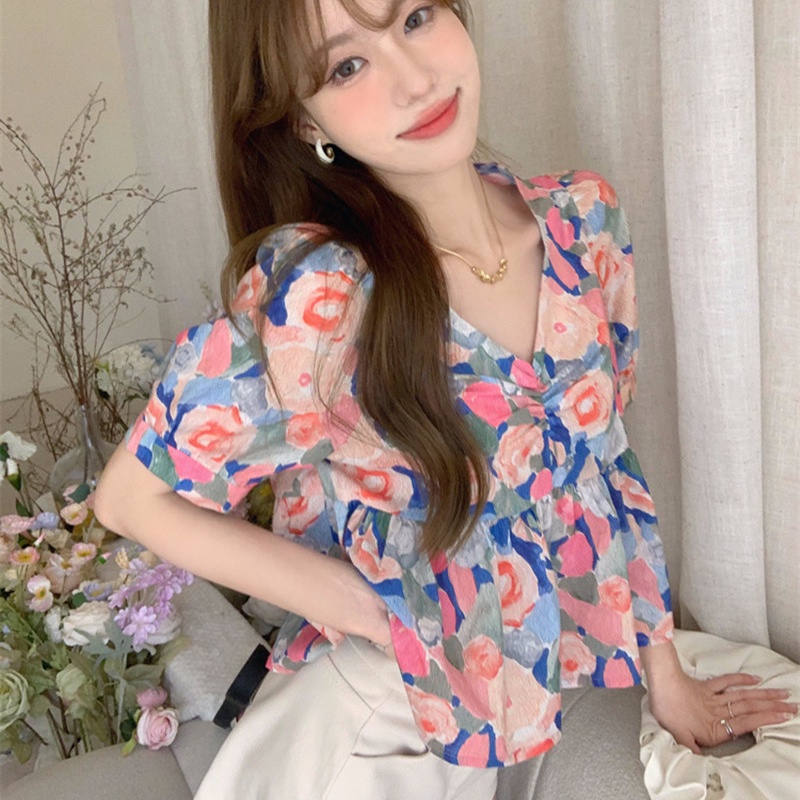 SUXI Áo Sơ Mi Tay Ngắn Cổ Chữ V Dáng Ôm In Họa Tiết Hoa Kiểu Vintage Thời Trang Mùa Hè