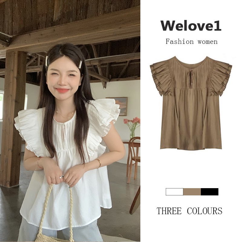 Áo kiểu tùy chọn màu sắc cổ tròn xếp ly phong cách Hàn Quốc thanh lịch cho nữ