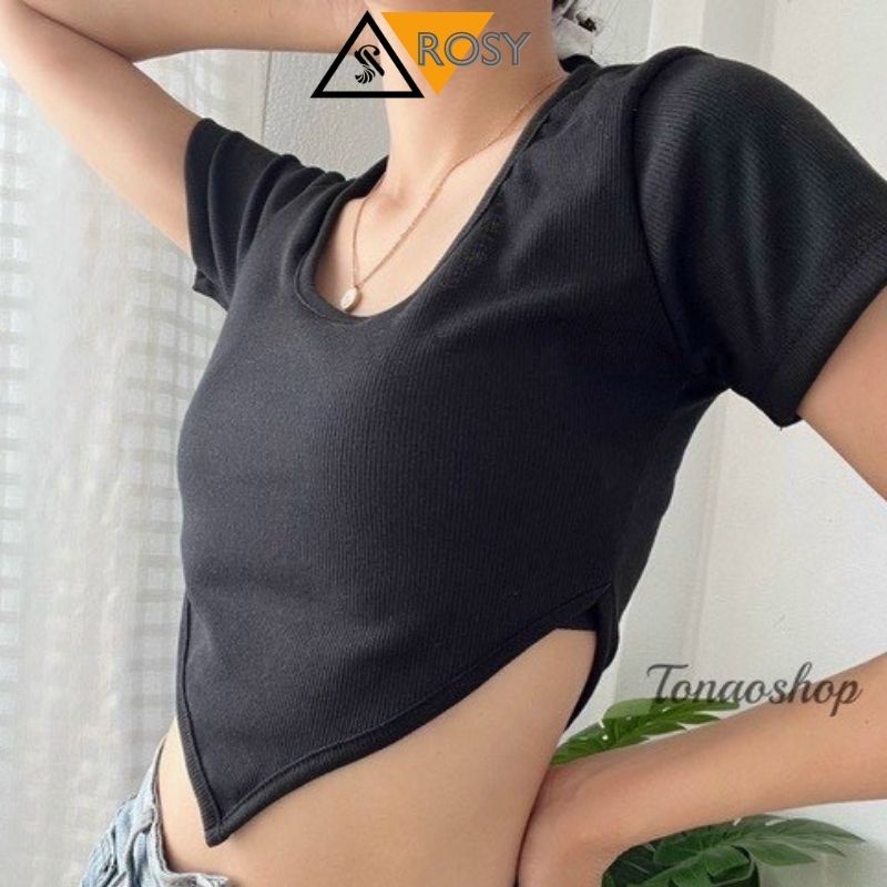 Áo croptop tay ngắn thun trơn vạt nhọn siêu năng động cá tính