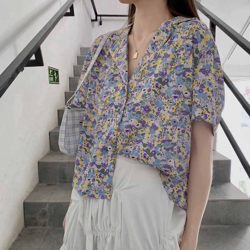 Áo Sơ Mi Hoa Ngắn Tay Vải Chiffon Kiểu Hàn Quốc