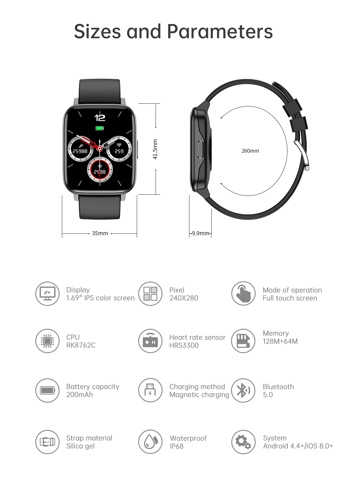 Utelite new Gw24 sports smart watch 1.69 inch square screen Ip68 waterproof long time standby heart rate blood pressure monitoring fitness tracker