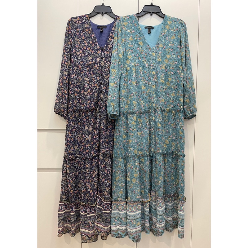 Đầm Maxi Hoa Phối Nút Bo Chun Tay 2 Lớp F21