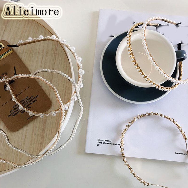 Băng Đô Kim Loại Đính Đá / Ngọc Trai / Kim Cương Nhân Tạo Mỏng Phong Cách Hàn Quốc Thời Trang