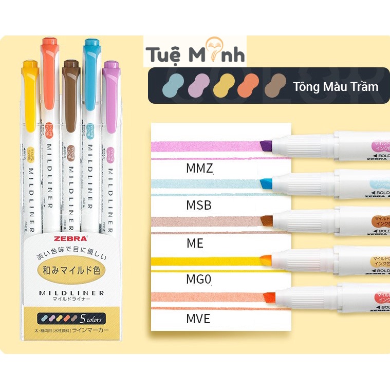 Bộ 5 bút highlight 2 đầu Zebra Mildliner Nhật Bản chính hãng, bút đánh dấu nhiều màu HI04