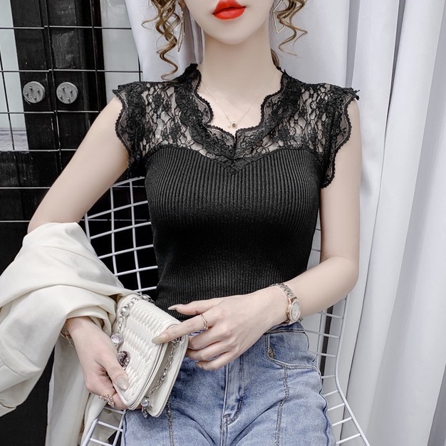 Áo Dệt Kim Sát Nách Cổ Chữ V Phối Ren Quyến Rũ Hợp Thời Trang