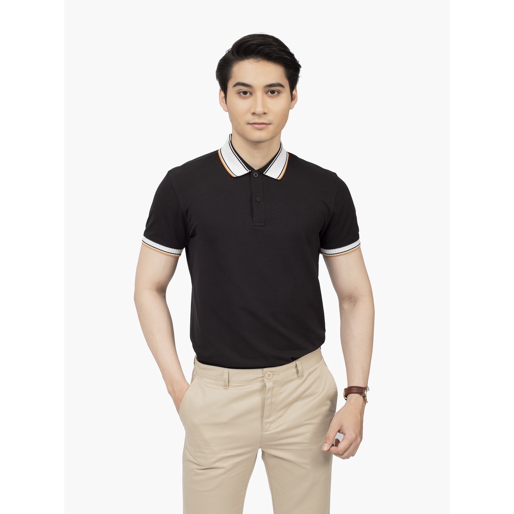 Áo thun polo nam Aristino APS120S2 phông có cổ bẻ dáng suông vừa màu đen phối cổ trắng vải cotton cao cấp mềm mại